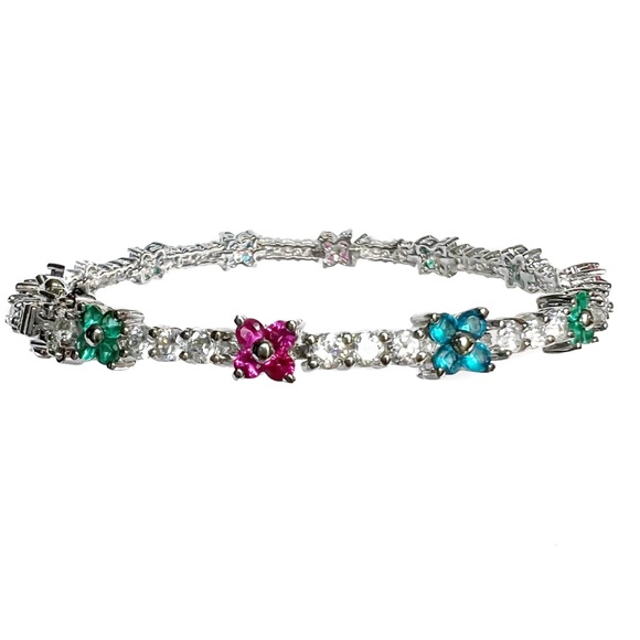 FANCY 10K White Gold Plated Pink Green Blue Flowers Crystal Tennis Bracelet - Picture 2 of 10